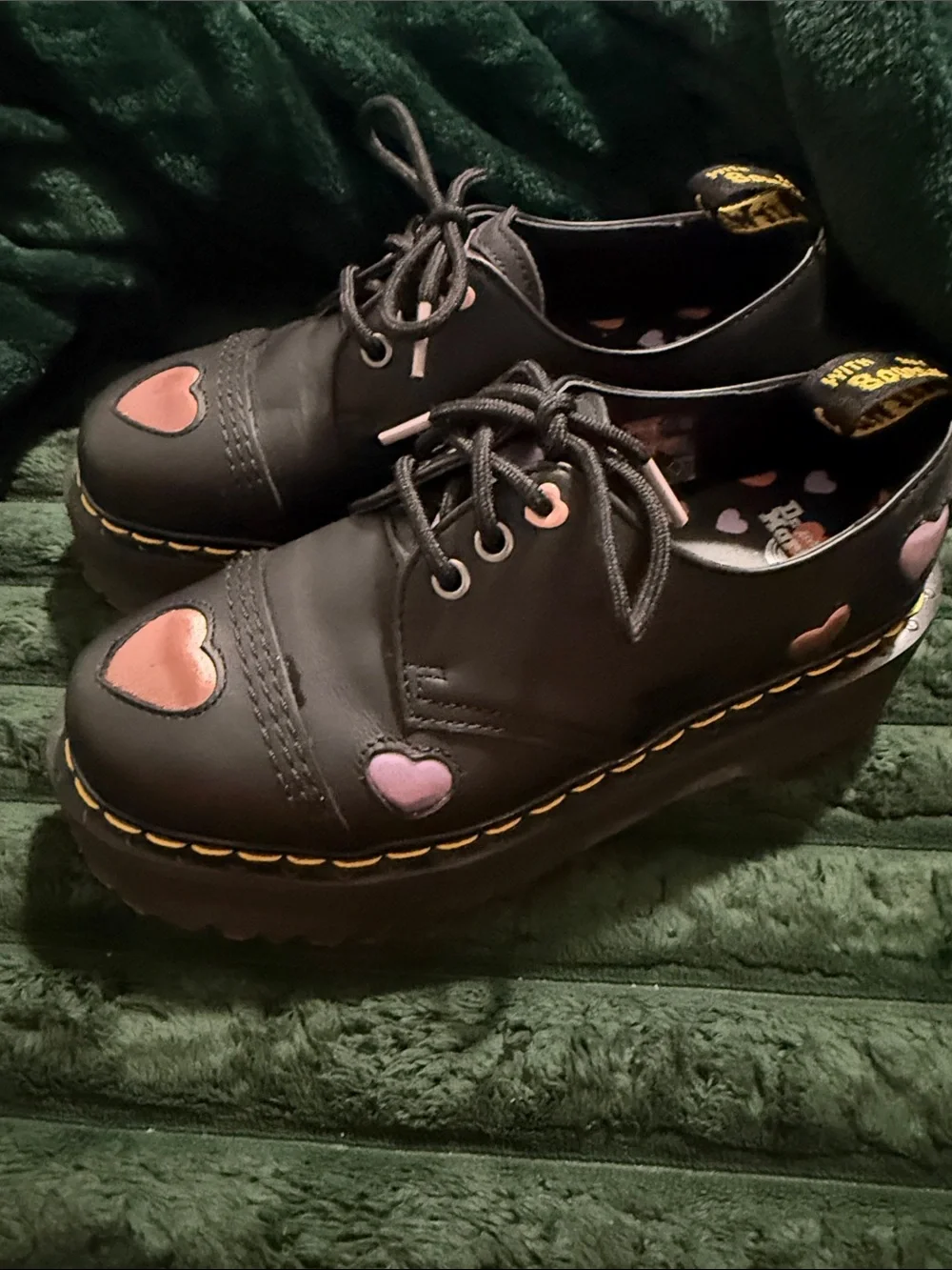 Dr. Martens Women’s Black Leather Heart Oxford Shoes - Pink Heart Detail